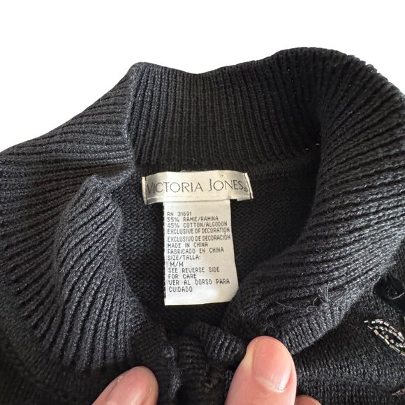 Vintage Victoria Jones Black Beaded Mock Neck Buttoned Sweater Cardigan, Size M - Picture 4 of 6